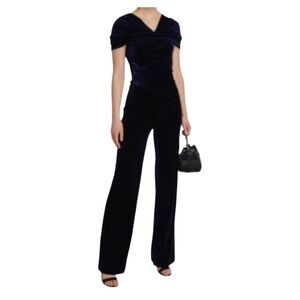 Elegant Blue Jumpsuit with Puff Sleeves‎ and V-Neck